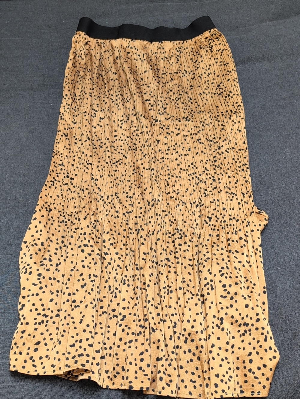 Women's Brown/Black Dot Pleated Midi Skirt with Black Waistband